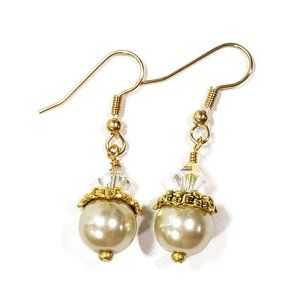 Gold and Ivory Pearl Crystal Earrings Dang…